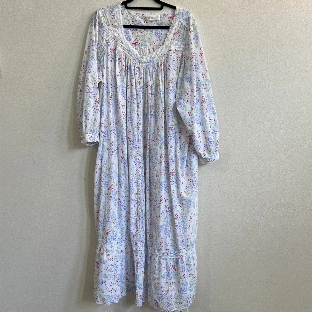 Eileen West Ballet Nightgown Cotton L-Sleeve Sweetheart Buttoned White Floral XL - Picture 3 of 14